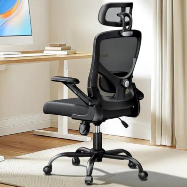 Imagem de Totnz Cadeira de escritório ergonômica de malha alta, suporte lombar ajustável com encosto de cabeça e apoios de braço dobráveis, cadeira giratória para computador para pessoas altas e grandes