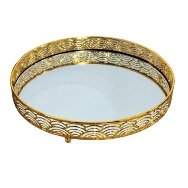 Imagem de Bandeja Decorativa Luxo Espelhada em Metal Redonda para Banheiro, Lavabo, Multiuso Casa (Arcos Dourado)