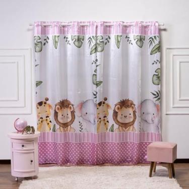 Imagem de Cortina Infantil 3,00x2,20 Estampada Tecido Cetim (Safari Baby Rosa)