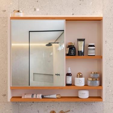 Imagem de Armário Banheiro Parede Com Porta E Nicho Espelheira Acqua Luxo (Off White/Cinamomo) (Aqua - Off/Cinamomo)