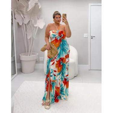 Imagem de Vestido Longo Estampado Lastex sem alça Plus Size - JOSY MODASS, Laran