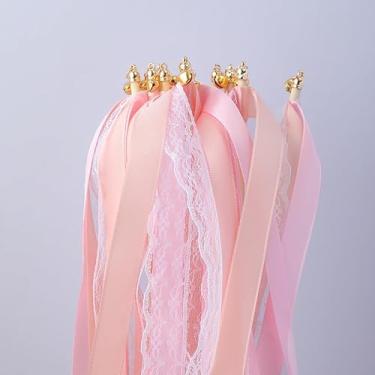 Imagem de 50 sinos de lembrancinha de casamento, varinhas de desejos de fadas de renda, fitas de festa, para festas, feriados de aniversário e celebrações de festivais (rosa + renda)