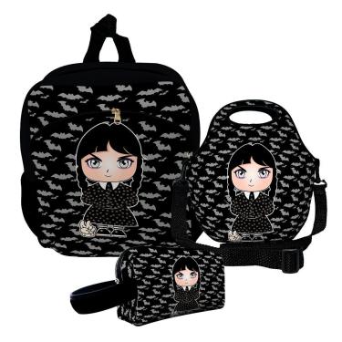 Imagem de Kit Escolar Mochila de Costas + Lancheira + Necessaire Plus – ISOPRENE – Menina Addams-Unissex