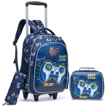 Imagem de Egchescebo Mochila Escolar Infantil com Rodinhas para Menino Crianças Rodas Rodinha Bolsa de Garoto Viagem Mala Carrinho 17” 3PCS Lancheira Juvenil Estojo Costas Divertidamente Gamepad Azul