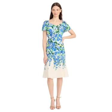 Imagem de Maggy London Vestidos femininos para convidados de casamento com decote em coração floral e lindo jardim, Touca creme/azul, 44