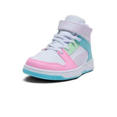 Imagem de PUMA Tênis infantil unissex Rebound Layup Mid Hook and Loop, Puma Branco-lilás Lago seguro para geadas, 12.5 Little Kid