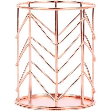 Imagem de Porta-lápis de metal ouro rosa vazado para lápis de papelaria, pincel de maquiagem, organizador de cosméticos, caixa de armazenamento de metal, recipiente de batom, decoração (dourado) (ouro rosa)