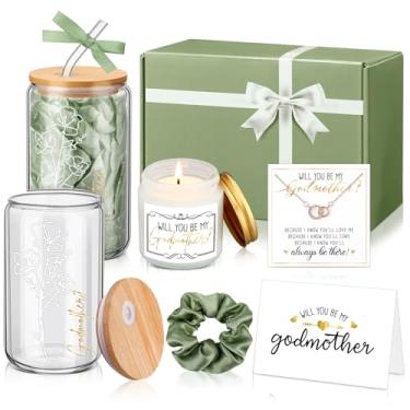 Imagem de Singhoow Conjunto de 6 peças de presente de madrinha Will You Be My Godmother 473 ml, copo de vidro, caixa de presente de vela perfumada da afilhada para o dia das mães, Natal, aniversário, batismo