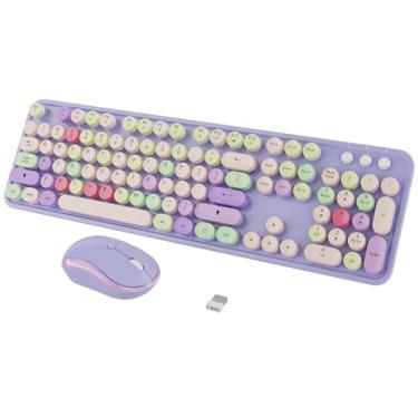Imagem de Teclado e mouse sem fio para máquina de escrever – teclado sem fio com mouse silencioso sem fio, lindo combo de teclado retrô, teclado e mouse USB de 2,4 G para laptop e desktop/PC Windows (roxo)