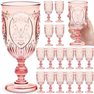 Imagem de Wiwiqing Pacote com 18 taças de plástico de 283 g Upgrade Vintage Taças de vinho de plástico coloridas retrô em relevo para festa bar de vinho suco chá de bebê recepção de casamento grande (rosa)