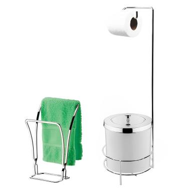 Imagem de Kit Suporte Porta Papel Higiênico Lixeira 5L Tampa Cesto Lixo Toalheiro Duplo Branco Cr...