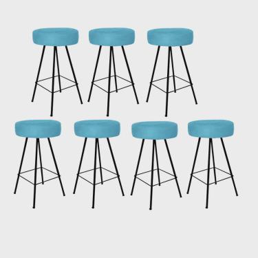 Imagem de Kit 07 Banqueta Alta Laisa Industrial Redonda Cozinha Bar Balcão Bistrô Ferro Preto Suede Azul Turquesa - Ahz Móveis