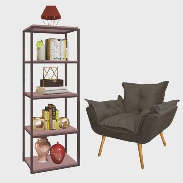 Imagem de Kit Poltrona Fatte com Estante Livreiro Ferro Marrom mdf Rose Suede Cinza - Ahazzo Móveis