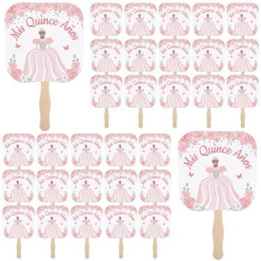 Imagem de Geelin 25 peças, 15 presentes de quinze anos, leques de papel com flor e cabo de madeira para meninas, adolescentes, mulheres, lembrancinhas de festa de quinze anos, decorações de lembrança (rosa)