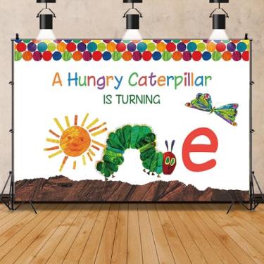 Imagem de The Very Hungry Caterpillar First Birthday Party Backdrop, A Hungry Caterpillar is Turning One Happy Birthday Backdrop Photo Background Banner, design colorido, 2,1 x 1,5 m