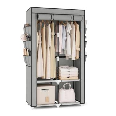 Imagem de VTRIN Guarda-Roupa Portátil Para Pendurar Roupas Com 4 Prateleiras De Armazenamento, 2 Hastes Suspensão E 6 Bolsos, Cabideiro Estável Fácil Montar Tampa, Armário Independente Quarto, Cinza