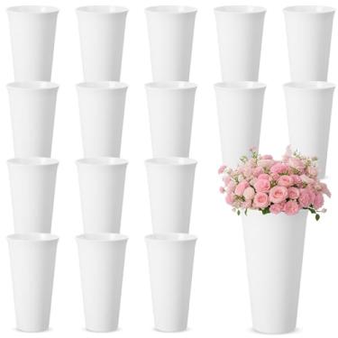 Imagem de Pacote com 16 baldes de flores de plástico de 24 cm, vasos redondos modernos para centros de mesa, exibição floral, baldes decorativos para mesa, decoração de casamento em casa
