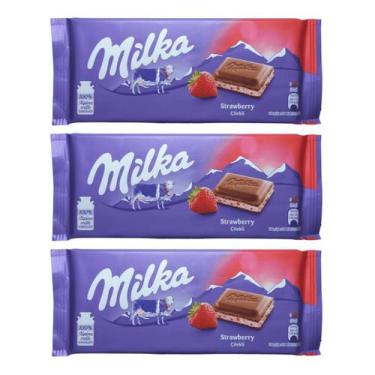 Imagem de 3 barras de chocolate milka ao leite recheio sabor morango