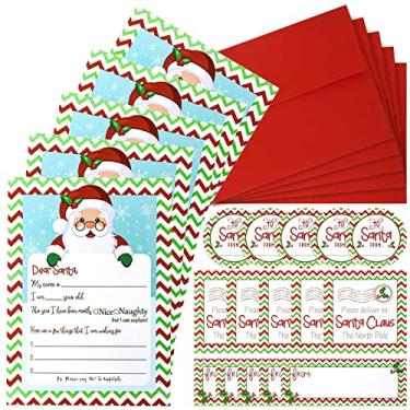 Imagem de AnyDesign Pacote com 20 cartas para o Papai Noel, kit de escrita da lista de desejos de Natal inclui 12,8 x 17,8 cm, preencha o cartão em branco com envelopes vermelhos e etiquetas de selos de