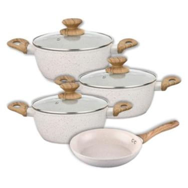 Imagem de Conjunto Panelas e Frigideira Indução Antiaderente 4 Peças Bege Cerâmica Resistente Cozinha Completa
