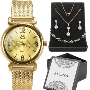 Imagem de Relogio Feminino Banhado + Caixa + Pulseira + Colar Strass Dourado Social Moda Qualidade Premium