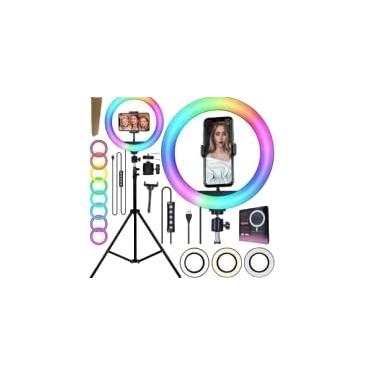 Imagem de Kit Ring Light RGB 10 Polegadas, Tripé Profissional 2,10m, Suporte para Celular, Iluminação Multicolorida para Maquiagem, YouTube
