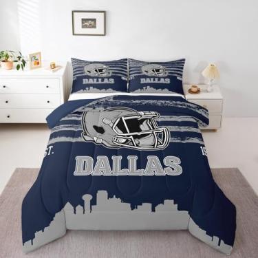 Imagem de Erosebridal Conjunto de edredom esportivo de rúgbi para meninos e adolescentes, retrô, bandeira americana, azul marinho e cinza, listras da cidade dos EUA, conjunto de edredom Queen com 2 fronhas