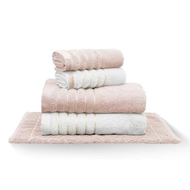 Imagem de Jogo de Toalhas de Banho Premium, 5 Peças, Gramatura 500g, Fio Penteado, Tamanho Banhão, Golden (Rosa Gloss/Branca)