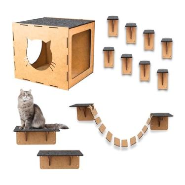 Imagem de BOXFAN Playground Para Gato De Parede com Nicho Prateleiras E Degraus Kit Parquinho de Gato Com 12 Peças Escada Carpete Antiderrapante Diversão e Descanso Pet