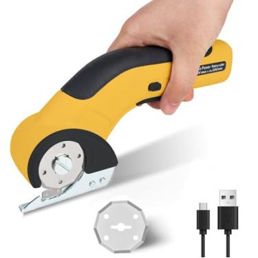 Imagem de Tesoura elétrica sem fio com 2 lâminas e trava de segurança, cortador de caixa de papelão recarregável de 4 V, tesoura de tecido resistente para corte de pano, couro, papelão, carpete