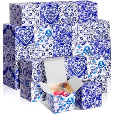 Imagem de Fuyoooo 50 caixas de presente de papel azul pequenas caixas de petisco chinoiserie 10 x 10 cm mini azul e branco impressão de porcelana saco de embalagem a granel para lembrancinhas de festa