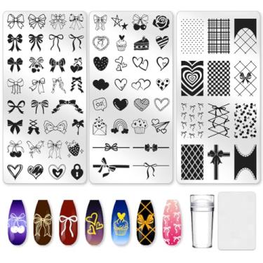 Imagem de beinkmake Conjunto de 3 peças de placas de estampagem de unhas com laço, elementos femininos, romântico, formato de coração, modelos de carimbo de unha de aço inoxidável, unhas de silicone
