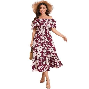 Imagem de KOJOOIN Vestido longo feminino plus size tomara que caia com babados casual verão boho, Flores vermelhas, 5G