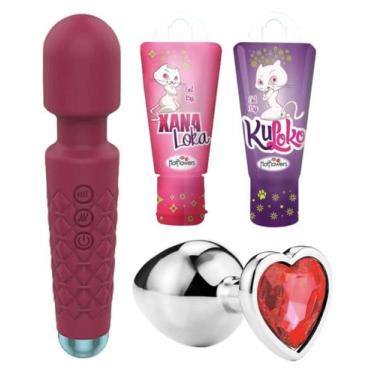 Imagem de Kit Sex Shop Vibrador Varinha Mágica, 2 Géis Lubrificante e Plug Anal 