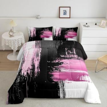 Imagem de Feelyou Conjunto de cama Queen com arte abstrata moderna, rosa, preto e abstrato, para meninos, meninas, adolescentes, edredom geométrico