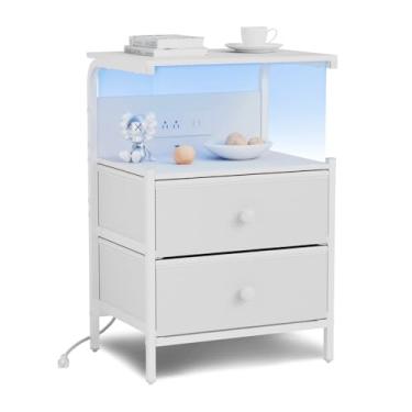 Imagem de Ymesiyou Mesa de cabeceira com estação de carregamento e luzes LED, mesa lateral com 2 gavetas de tecido, mesa de cabeceira para quarto, mesa de centro de armazenamento de 3 níveis, sala de estar (1