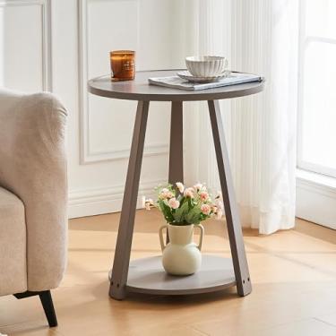 Imagem de Mesa pequena redonda de madeira – Mesa lateral redonda de madeira maciça, mesas de canto cinza modernas de 59,9 cm, sala de estar com prateleira para sofá de sofá, cinza lavado, 49,8 cm x 49,8 cm x