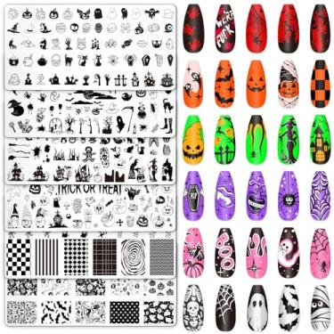Imagem de Whaline Conjunto de 6 peças de placas de unhas de Halloween, estampa de abóbora, fantasma, morcego, bruxa, modelos de carimbos de bruxa, para festa de doces ou travessuras, estampa faça você mesmo