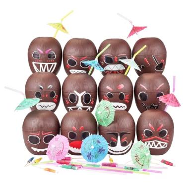 Imagem de Haundry Pacote com 24 copos de coco com canudinhos e 24 adesivos, copos havaianos DIY Tropical Luau Tiki e decoração de festa na praia para crianças e adultos
