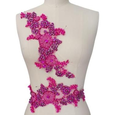 Imagem de Remendos de aplique de renda com strass – motivo floral costurado à mão para vestido de casamento DIY, vestido de noiva, baile, noite para decoração de ombro e cintura (rosa vermelha)