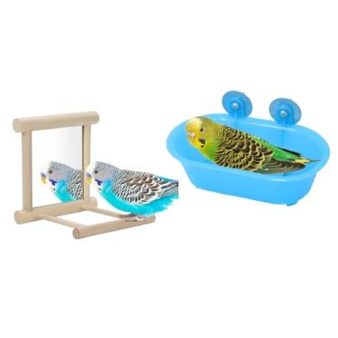 Imagem de Wontee Banheira Para Pássaros, Espelho De Papagaios Com Poleiro, Brinquedos Periquitos, Calopsitas, Tentilhões, Canários (Azul (A))