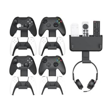 Imagem de Controller & Headset & Remote Holder Wall Mount with No Drill, 4 Packs Gaming 8 Controllers Hanger Hook Mount for PS5/PS4/XBOX/Switch, Headphone Stand & Remote Control Holer Wall Shelf with Adhesives