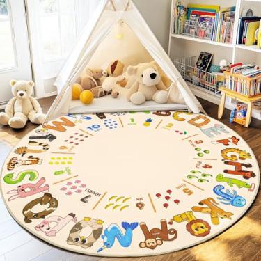 Imagem de Bolacrom Tapetes infantis para sala de jogos, tapete educativo redondo de 1,12 m x 10 cm para aprender o alfabeto ABC, macio, lavável na máquina, tapete de animal fofo antiderrapante para sala de aula