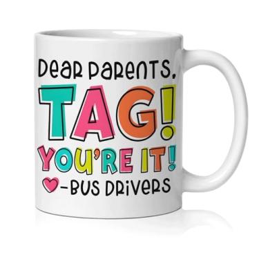 Imagem de BEHIFL Caneca de presente para motorista de ônibus escolar, motorista de ônibus escolar, agradecimento, presentes de agradecimento para xícara de café de Natal, cerâmica, etiqueta "Dear Parents Tag
