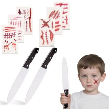 Imagem de Conjunto de 2 peças de adereços falsos realistas para facas de Halloween + 6 peças de adesivos de tatuagem de ferida - adereços universais para facas falsas sangrentas sangrentas de plástico