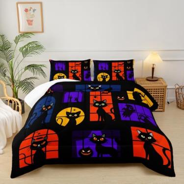 Imagem de lneffble Jogo de cama casal de gato preto para Halloween, para meninas, adolescentes, adultos, 1 edredom com 2 fronhas