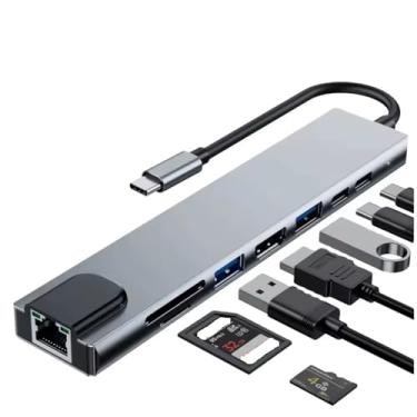 Imagem de Estação de ancoragem 8 em 1, hub USB C tipo C Dongle com HDMI 4K a 60Hz, Ethernet RJ45, entrega de energia de 100 W, leitor de cartão SD/TF, 2 portas USB, porta tipo C para MacBook Pro Air e mais