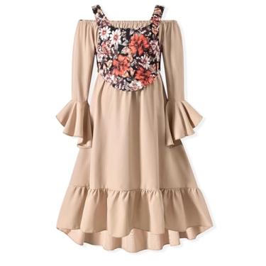 Imagem de Vestido retrô vintage medieval medieval com colete de manga comprida floral e babados vitorianos elegantes para fotos, Marrom claro, 6-7 Anos