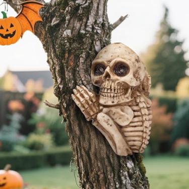 Imagem de Caveira de Halloween luz solar ao ar livre assustadora árvore espiador estatueta fantasma decoração para quintal, jardim, varanda, decorações de festa de Halloween