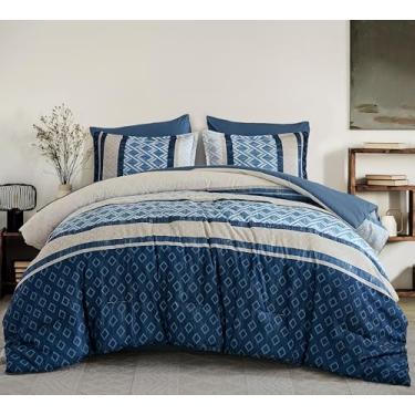 Imagem de Conjunto de edredom Queen com 7 peças, azul boêmio, listrado, conjunto completo de microfibra macia